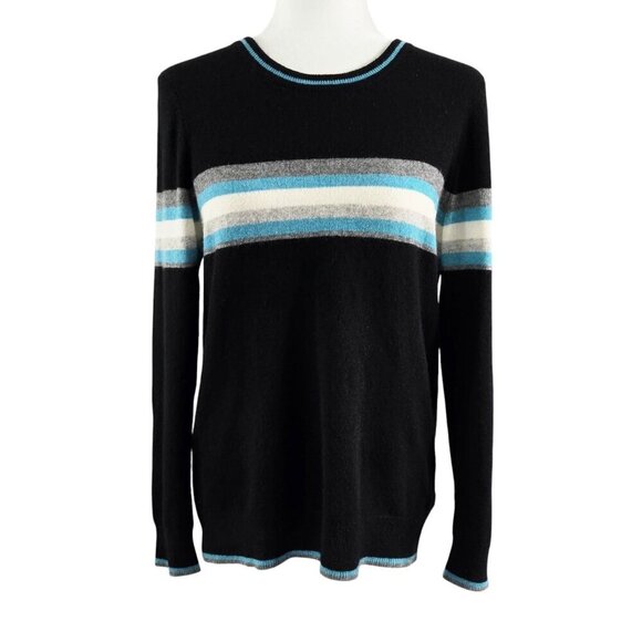 Charter Club Luxury 100% Cashmere Black Stripe Crew Neck Sweater Cozy Preppy - Picture 1 of 7